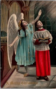 A Merry Christmas, Angel Shines Light on Boy Vintage Postcard Y48