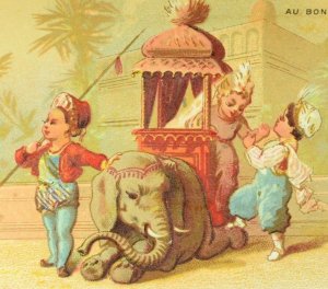 1870's India Scene Riding Baby Elephant Adorable Au Bon March Victorian Card F87