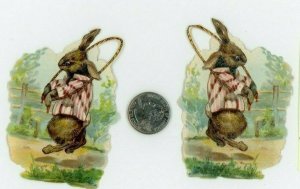 1870's-80'sAdorable Rabbit Anthropomorphic Lot Of 2 Victorian Die Cut X84 