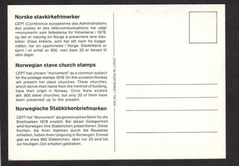 Norway Norge Facsimiles of postage stamps on front of Postcard Church Churches