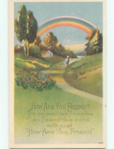 Unused Pre-Linen BEAUTIFUL RAINBOW OVER WOMAN WALKING ON COUNTRY PATH J2775