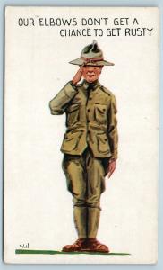 Postcard Patriotic WW1 Doughboy a/s B Wall Our Elbows Don't Get Rusty Q17