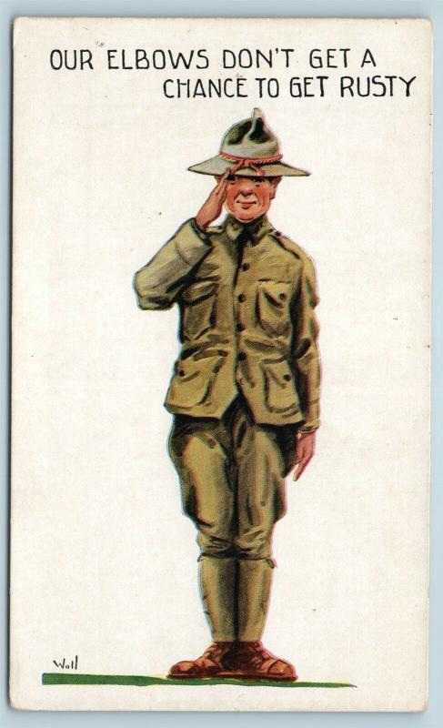 Postcard Patriotic WW1 Doughboy a/s B Wall Our Elbows Don't Get Rusty Q17