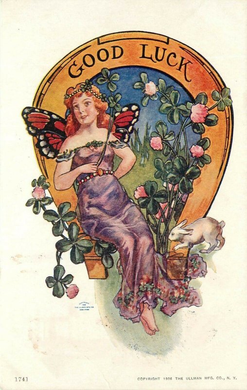 c1906 Ullman Good Luck Postcard 1741 Red Head Fairy, Horseshoe, Clover & Rabbit