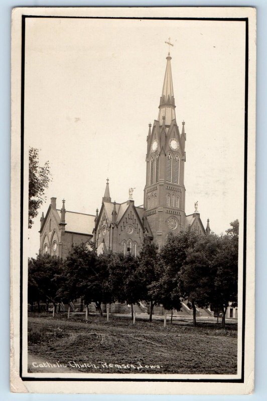 Remsen Iowa IA Postcard RPPC Photo Catholic Church Clock Tower c1910's Antique