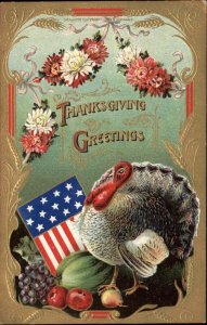 Thanksgiving Turkey with American Flag Patriotic c1910 Vintage Postcard