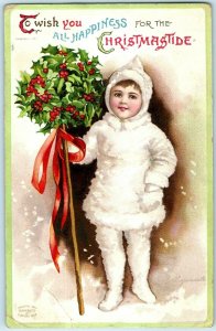 C. 1910 Adorable Girl White Fur Holly Christmas Postcard P66 