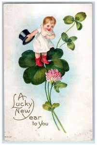 c1910's New Year Baby Toddler Hat Shamrock Flowers Embossed Antique Postcard