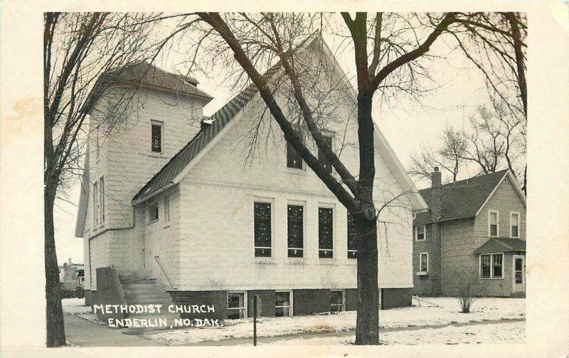 Enderlin North Dakota 1957 RPPC Photo Postcard Methodist Church Snow 464