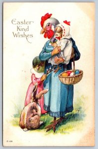 Easter Kind Wishes, Anthropomorphic Hen & Chicks, Rabbit, Antique Nash Postcard