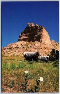 Vtg Nebraska Scotts Bluff National Monument Covered Wagon & Eagle Rock Postcard