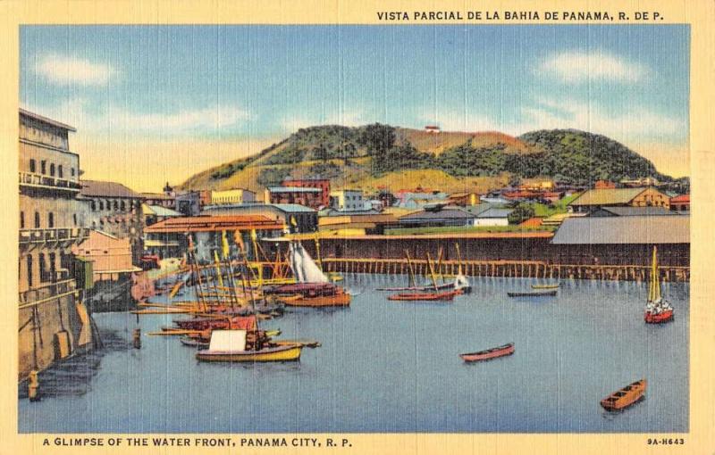 Panama City Panama Glimpse Of Water Front Ships Linen Antique Postcard K15493