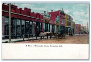 1910 View Eleventh Street Buildings Horse Carriage Columbus Nebraska NE Postcard