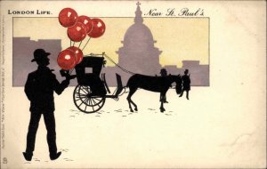 Balloons Silhouette London Life Tuck Jewel Girls FUN COLOR ON B&W c1905 Postcard