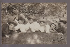 Hancock WISCONSIN RPPC 1908 GIRLS IN BIG HATS Bums nr Wautoma Coloma WI KB