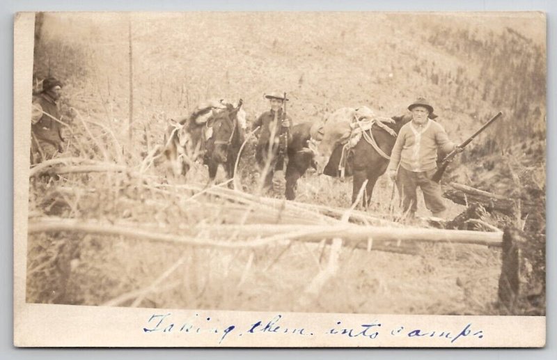 RPPC Men Heading Into Camps with Horses Gear and Rifles c1910 Postcard F30