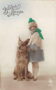 RPPC NEW YEAR BONNE ANNEE GIRL & HER DOG BELGIUM STUDIO REAL PHOTO POSTCARD 1924