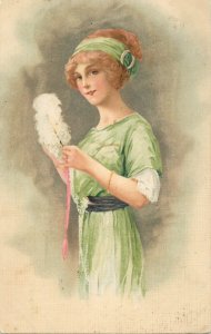 Lovely glamor drawn lady fancy green dress feather 1914 Budapest Hungary