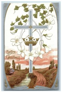 c.1910 Art Nouveau Easter Crown Cross Flower Vintage Postcard F50