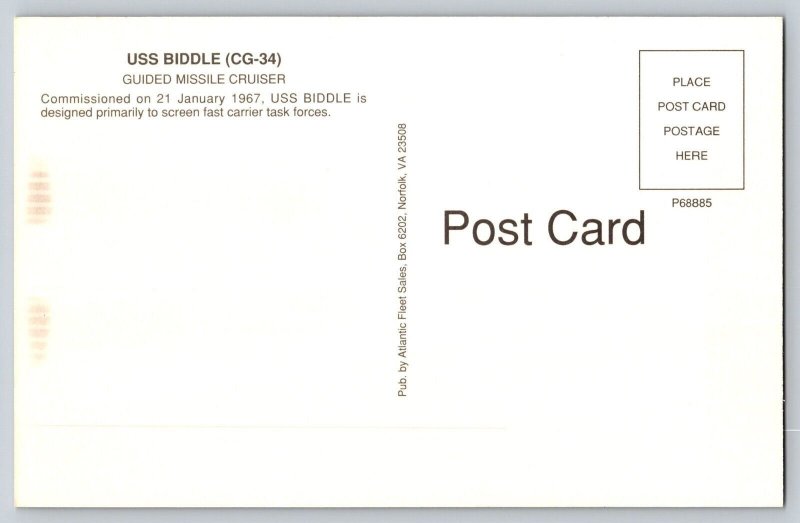 Postcard US Navy Ship - USS Biddle - CG-34 - Guided Missile Cruiser