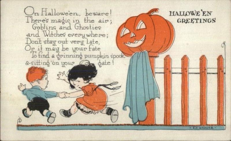 Weaver Halloween - Children Scared by JOL on Fence Post c1910 Postcard gsh