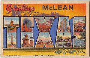 McLean, Texas Large Letter Linen Greetings Gray County 1944 Vintage Postcard