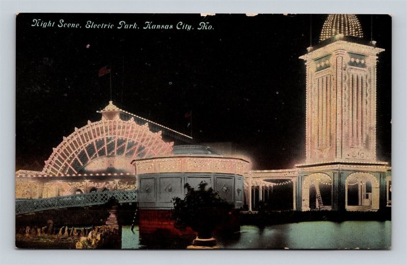 c1910 Kansas City Kansas KS Night Scene Electric Park Postcard