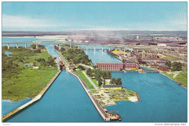 Aerial View, Intenational Bridge, Soo Locks, Lake Superior, Algoma Steel Corp...