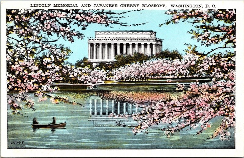Lincoln Memorial Japanese Cherry Blossoms Washington Dc Boat Reflection Postcard 