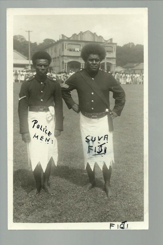 Suva FIJI RPPC '10 POLICE Policemen POSING Warrior Day SPEAR AX DANCE Coronation 