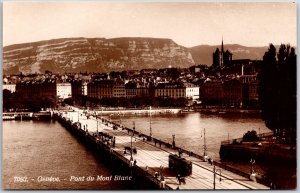 Geneve Switzerland- Pont Du Mont Blanc Boardwalk Mountain In Distance Postcard