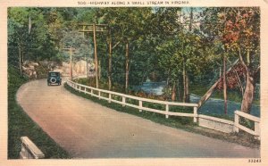 Vintage Postcard 1940's Highway Along A Small Stream In Virginia Asheville Pub.