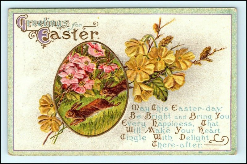 c1900s John Winsch Greetings Easter Postcard Embossed Rabbits Flowers A196