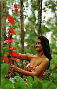 Vtg Pahoa Hawaii HI Hawaiian Antheriums Woman South Miura Farm Postcard