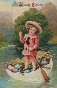 A Happy Easter Egg Shell Boat Greetings Posted Divided Back Vintage Postcard