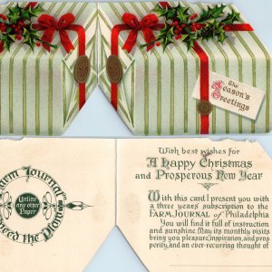 c1890s Farm Journal 3 Yr Gift Card Christmas Subscription Xmas Die Cut Trade C51