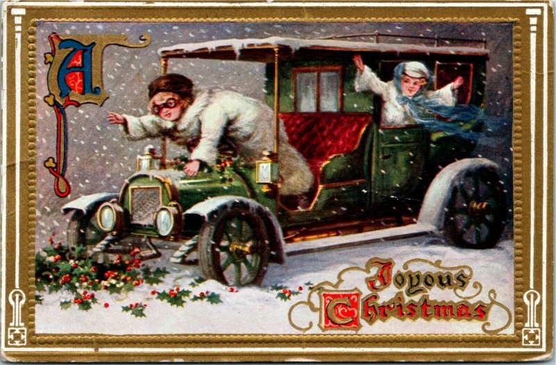 Postcard Embossed Joyous Christmas Children in Green Car 1915 L12