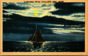 Night View Scenic Greetings Sailboat Lafayette New Jersey NJ Linen Postcard A6