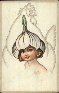Unusual Fantasy Little Girl Flower Petal Hat Giant Chicken c1915 Postcard