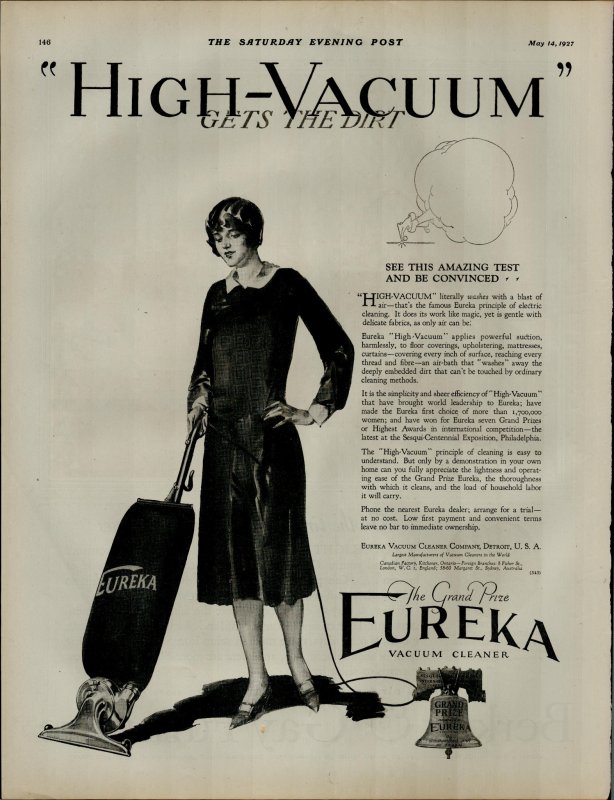 1927 Eureka Vacuum Cleaner High Vacuum Gets The Dirt Vintage Print Ad 3889