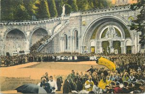 Postcard France Lourdes benediction malades rosaire architecture gate priest