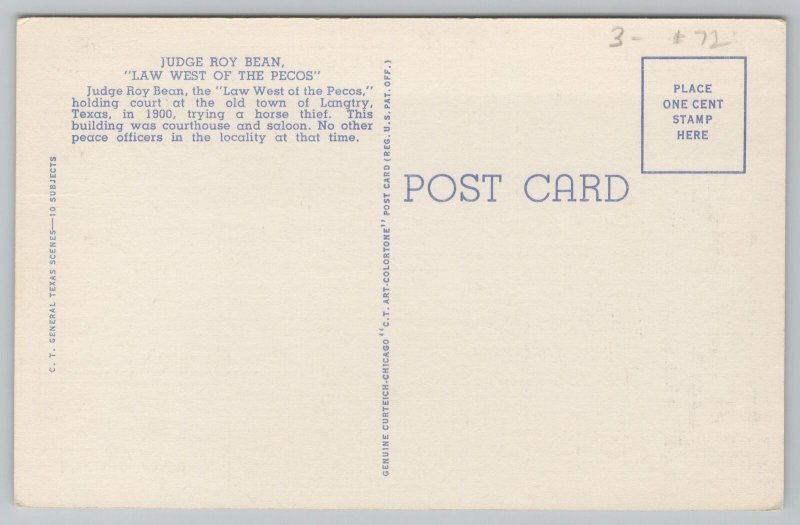 Western~Judge Roy Bean Law West of Pecos Langtry Texas~Vintage Postcard 