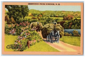 c1940's Greetings From Suncook New Hampshire NH, Horses Wagon Vintage Postcard