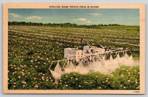 Farm~Maine~Tractor Spraying Potato Field In Bloom Scene~Linen 1940s Postcard