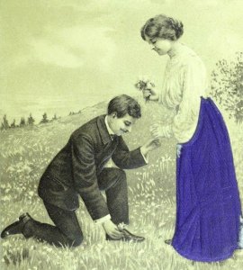 Circa 1905-10 Lovely Couple Proposing Picking Flowers German w/ Fabric Dress Z4 