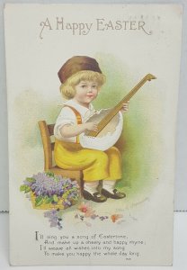 Happy Easter Boy Instrument Antique Postcard