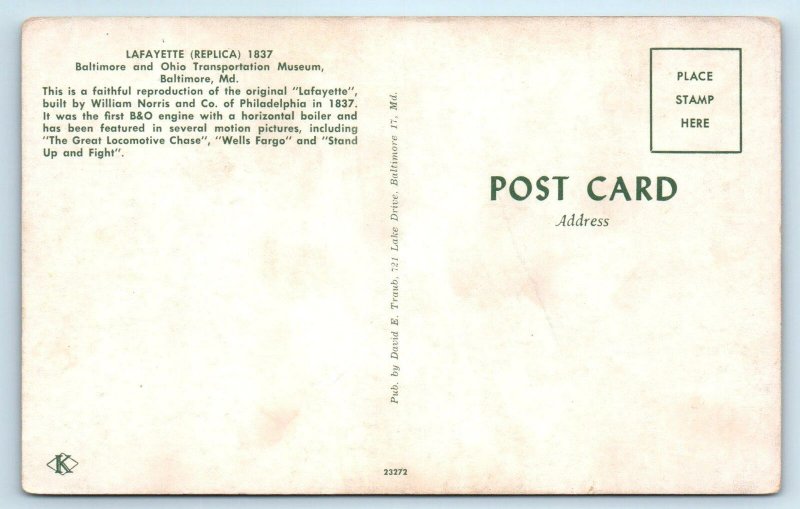 BALTIMORE, MD ~ Historic Steam Railroad Engine LAFAYETTE   c1950s  Postcard