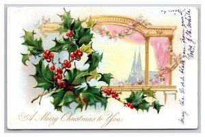 Merry Christmas To You Window Holly Raphael Tuck Embossed UNP DB Postcard A16