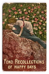 Couple Kissing on Rock Find Recollections Happy Days 1913 Romance DB Postcard N2