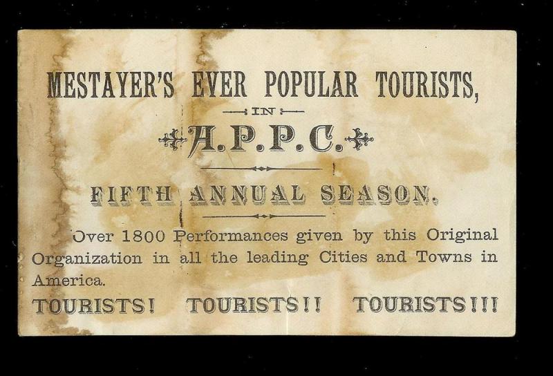 VICTORIAN TRADE CARD Mestayer's 'Tourists' Entertainment